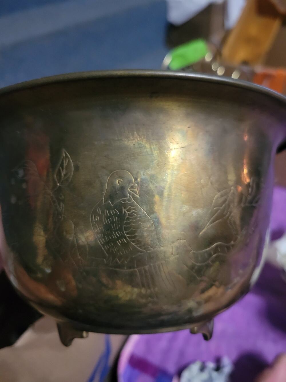 Vintage Brass Bowel With Bird/vines 7” From Hong Kong